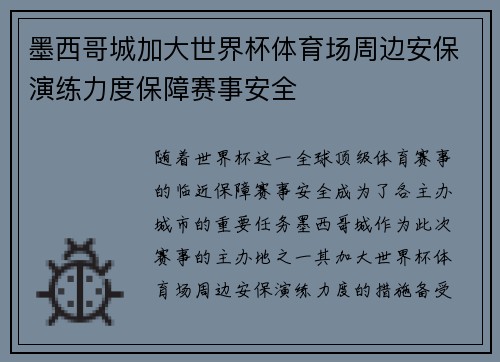 墨西哥城加大世界杯体育场周边安保演练力度保障赛事安全